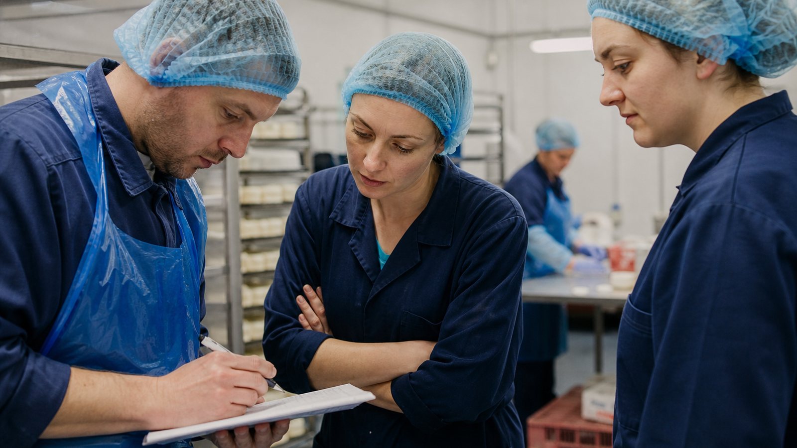 Deux personnes d'un atelier alimentaire enregistrant ensemble une fabrication près du poste de production